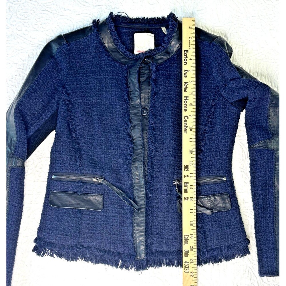 REBECCA TAYLOR Boucle Fringe Blazer SIZE 4 Navy Blue Black Leather Trim Coat EUC - Picture 15 of 16